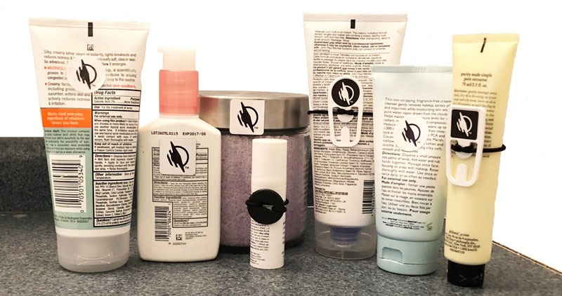 Beauty care products in a line with WayTags on each product