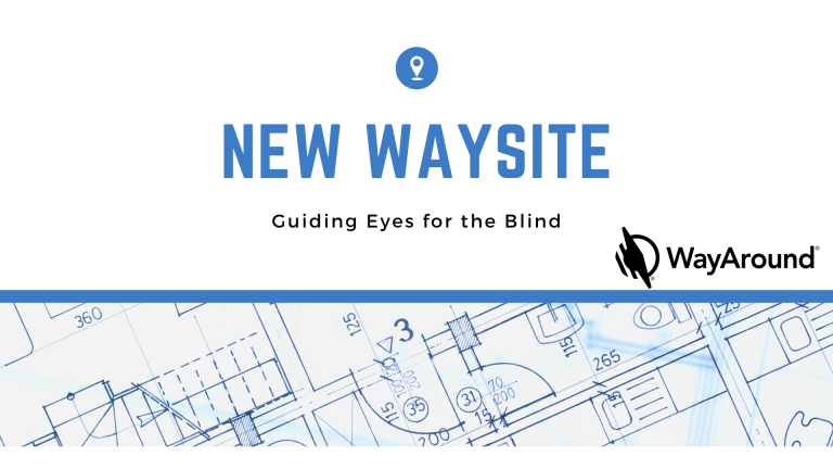 Light gray background with blue text that says New WaySite. Guiding Eyes for the Blind. There is a You Are Here Icon at the top and the WayAround logo on the side. The bottom section of the image shows a floorplan.