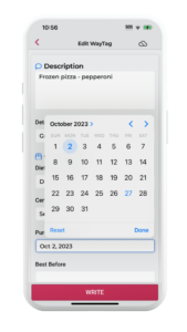 Phone with the WayAround app showing the edit screen with a calendar interface.