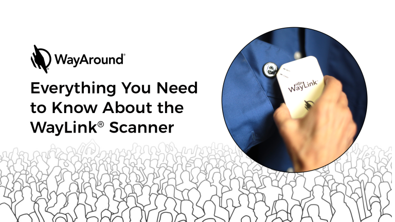 Image with a photograph of someone holding a WayLink scanner to a button on a dress shirt. An illustration of a crowd of human silhouettes stretches across the bottom. Text reads: Everything You Need to Know About the WayLink Scanner.
