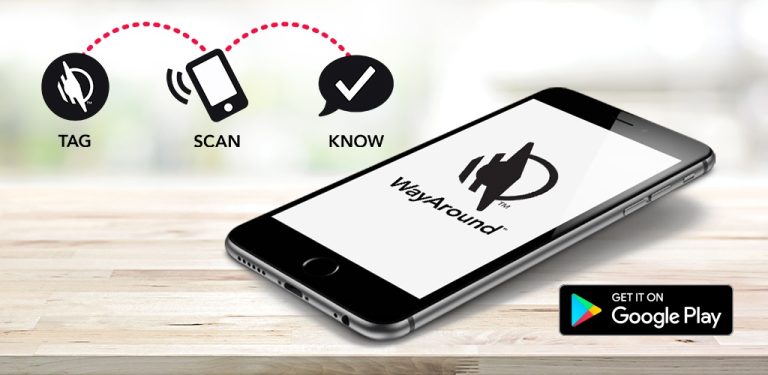 Smartphone with WayAround logo on the screen laying on a wooden counter. THree icons say tag, scan, know. Black rectangle says Get it on Google Play