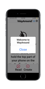 Screenshot of the WayAround app with a Welcome To WayAround popup in large font.