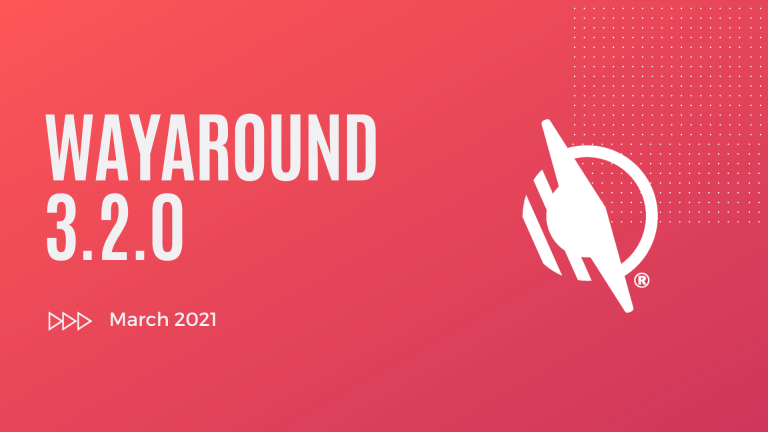 Illustration with a Red background and white text that says WayAround 3.2.0. March 2021.