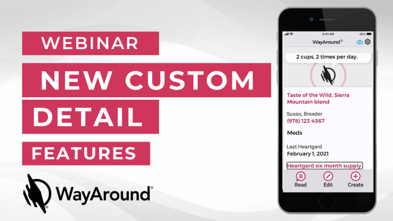 Image with a gray background and a photo of an iPhone with the WayAround app. Text Says webinar New custom detail features.