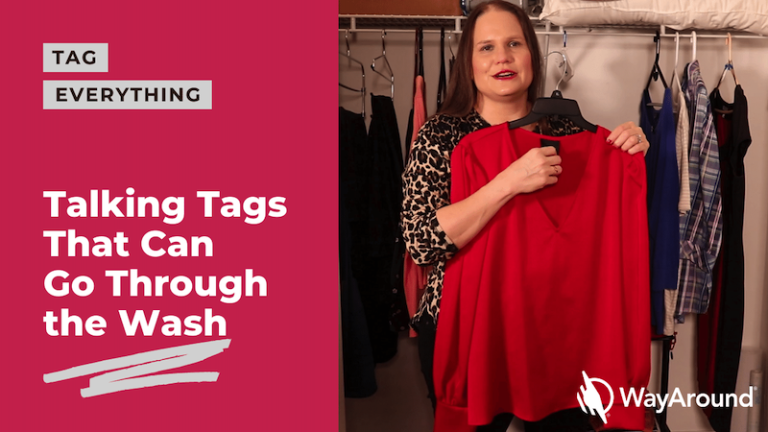 Photo of a woman holding a red shirt. Text says Talking Tags that can go through the wash.