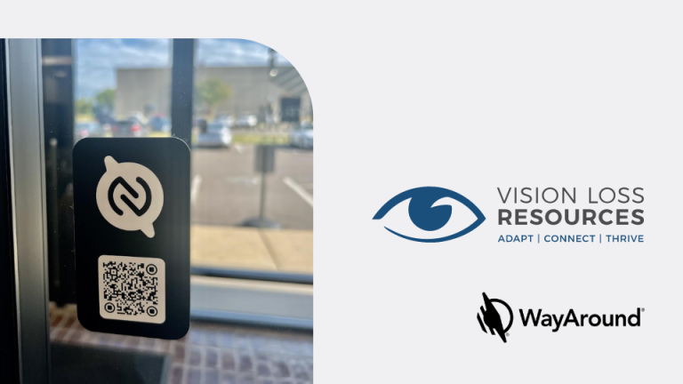 A photo on the left shows a vertical WaySign on a glass door. The white WayAround symbol is at the top and a QR code is at the bottom. On the right is the the Vision Loss Resources logo with a blue eye illustration and the words Adapt, Connect, Thrive. The WayAround logo is at the bottom.