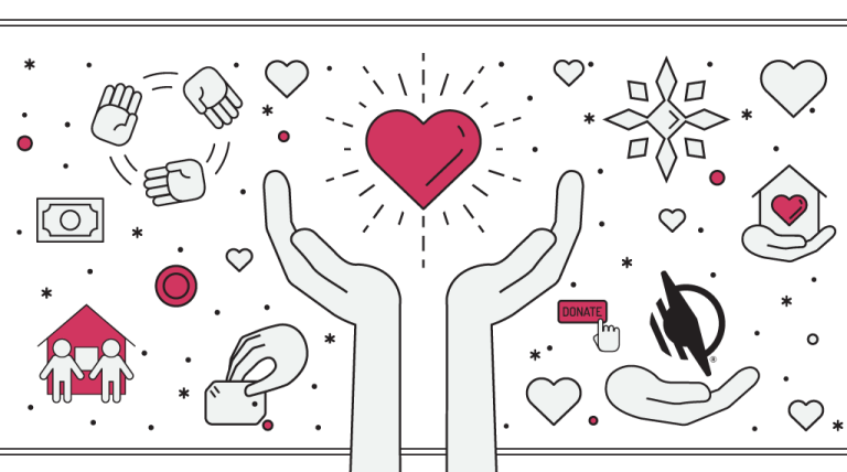 Various giving images - two hands holding a shining heart in center surrounded by hands, hearts and snowflakes