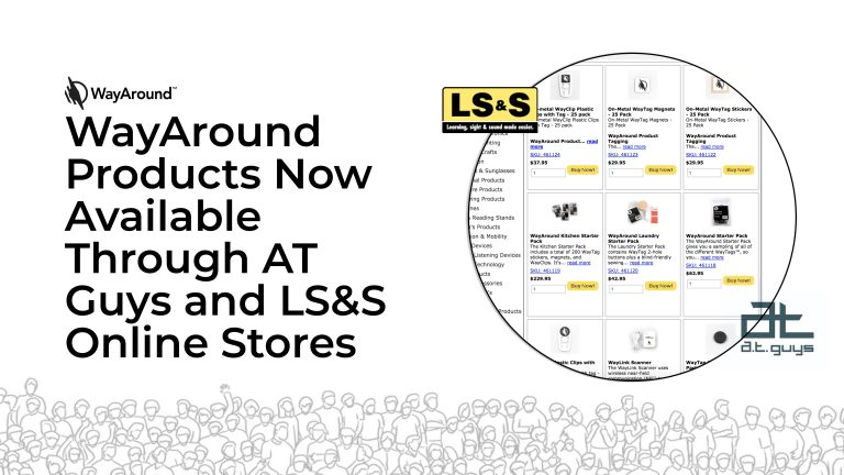 Photograph of an e-commerce store page with the LS&S and A.T. Guys logos. Text reads: WayAround Products Now Available Through A.T. Guys and LS&S Online Stores