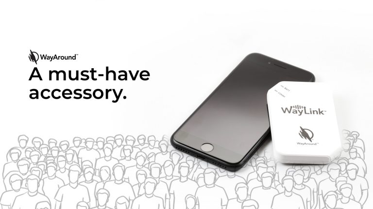 WayAround - A must-have accessory. WayAround logo at left, mobile phone with WayLink scanner leaning on the right side of the phone, graphic of crowd of people in background below