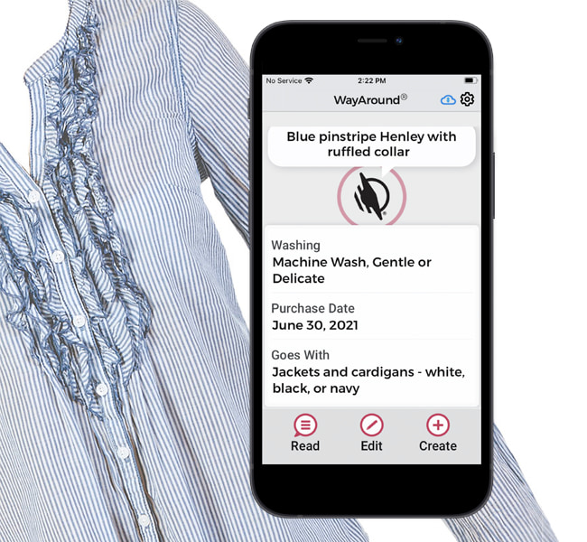 WayAround Mobile App Image with descriptive information about Blue and White Striped Henley Shirt with shirt in background