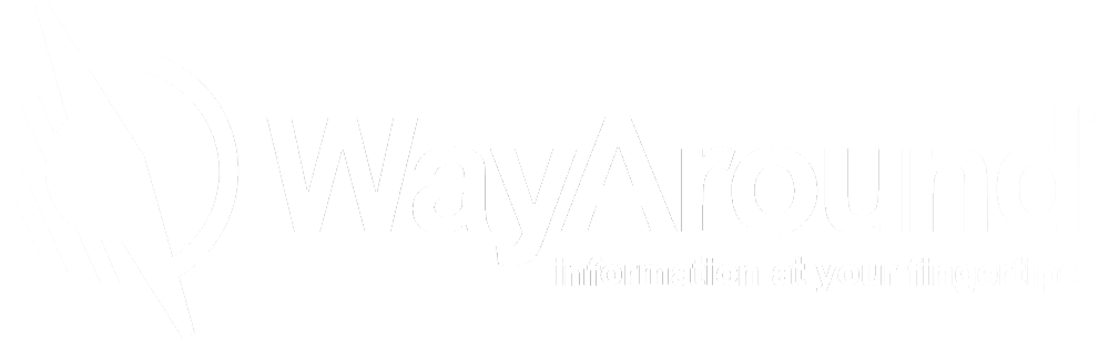 WayAround logo. White symbol that looks like a compass and an eye with the word WayAround. A tagline is underneath the logo and says information at your fingertips.