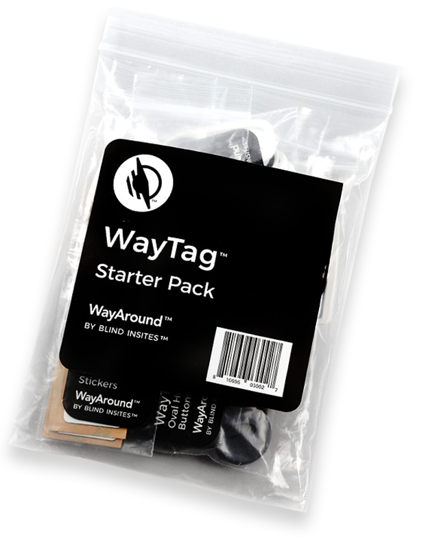 An image of the WayTag Starter Pack within its shipping ziploc bag.